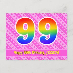 Carte Postale 99e Anniversaire : Rayures roses & Cœurs, Arc-en-c