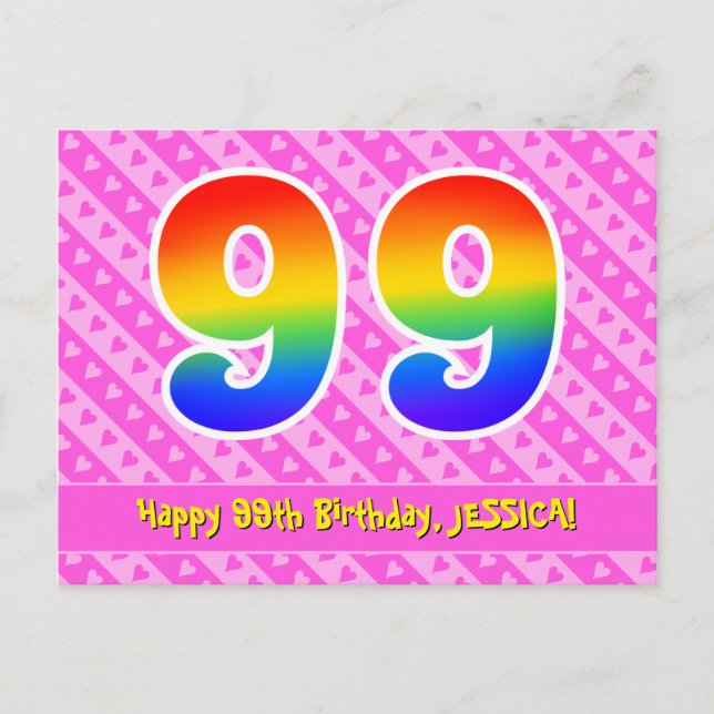 Carte Postale 99e Anniversaire : Rayures roses & Cœurs, Arc-en-c (Devant)