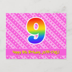 Carte Postale 9e anniversaire: bandes roses et cœurs, arc-en-cie