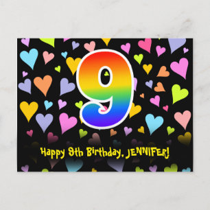 Carte Postale 9e anniversaire : Fun Hearts Motif, Arc-en-ciel 9