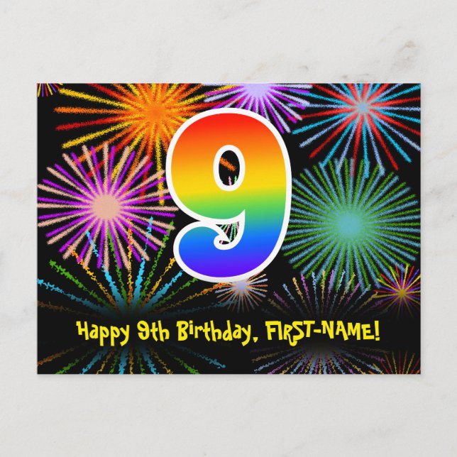 Carte Postale 9e anniversaire - Fun Motif Fireworks + Rainbow 9 (Devant)