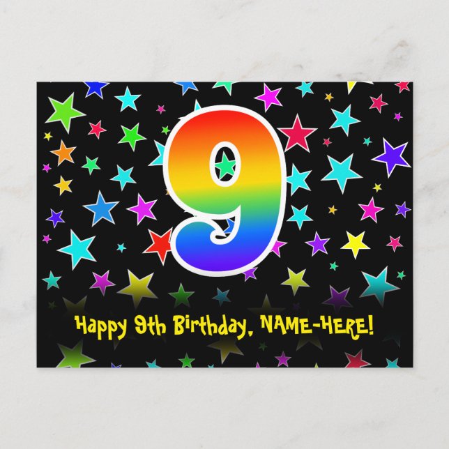 Carte Postale 9e anniversaire : Fun Stars Motif, Rainbow 9, Nom (Devant)