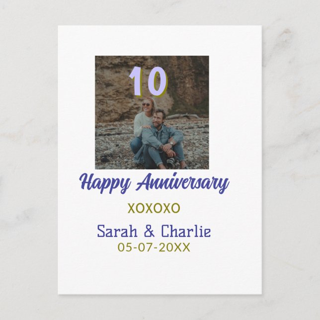 Carte Postale À 10 ans d'anniversaire de mariage violet doré (Devant)