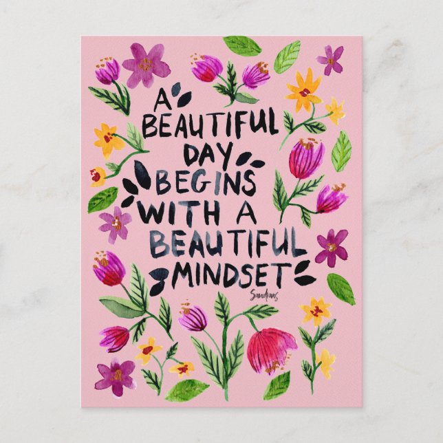 Carte Postale A beautiful day - Quote - Watercolor Florals (Devant)