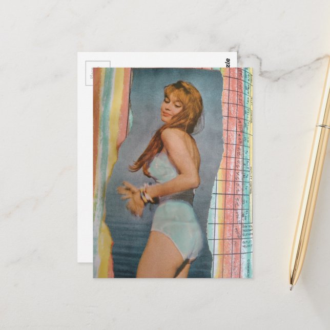 Carte Postale A Beautiful Woman in 1957 on the beach collage (Devant/Arrière en situation)