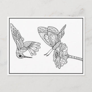 Carte postale à colorier de colibri et de papillon