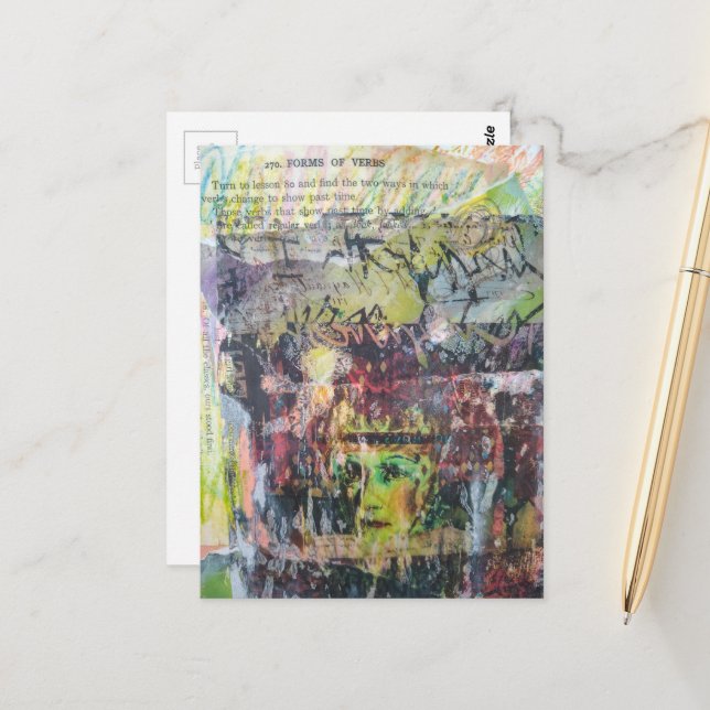 Carte Postale A grungy face verbs mixed media collage (Devant/Arrière en situation)