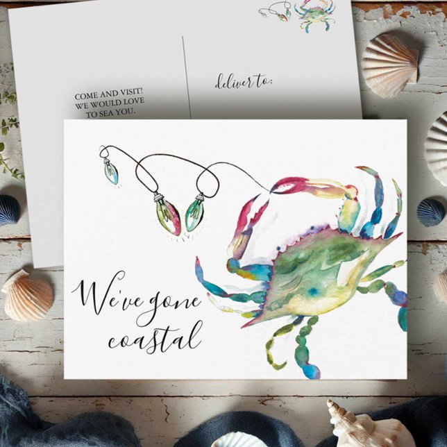 Carte Postale À La Plage Nouvelle Maison Déménagement Faire-part (beach moving postcards watercolor blue crab with Christmas lights art by Victoria Grigaliunas)