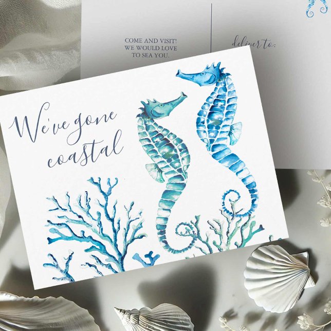 Carte Postale À La Plage Nouvelle Maison Déménagement Faire-part (Beach moving announcement postcards watercolor seahorses by Victoria Grigaliunas Do Tell A Belle)
