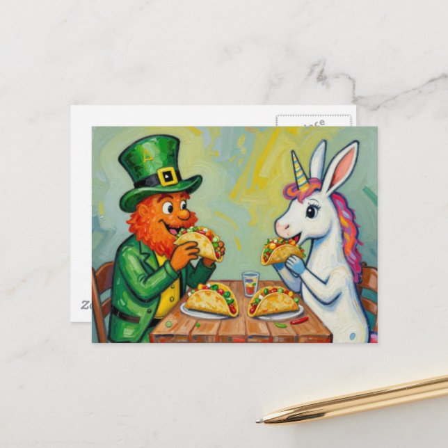 Carte Postale A leprechaun and a unicorn rabbit eating tacos (Devant/Arrière en situation)
