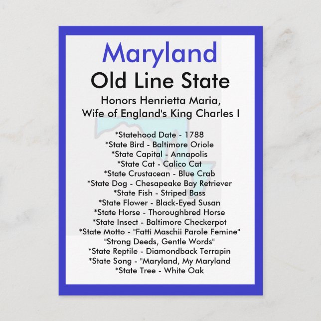 Carte Postale À propos du Maryland (Devant)