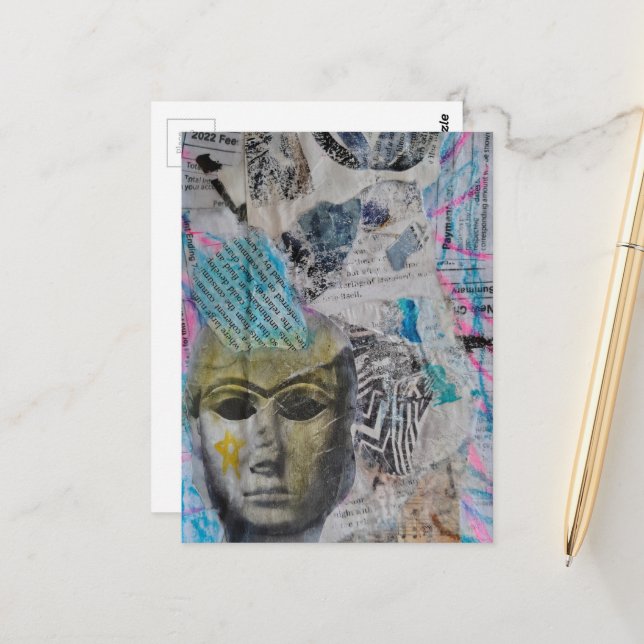 Carte Postale A stone face Abstract Mixed Media Collage (Devant/Arrière en situation)