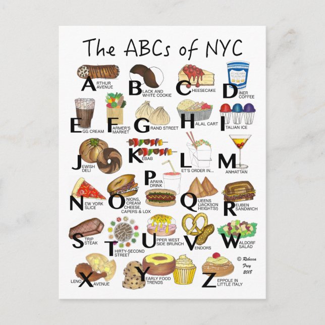 Carte Postale ABC de NYC Iconic New York City Foods Alphabet (Devant)