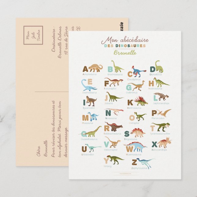 Carte Postale Abécédaire Dinosaures (Français) (Devant / Derrière)