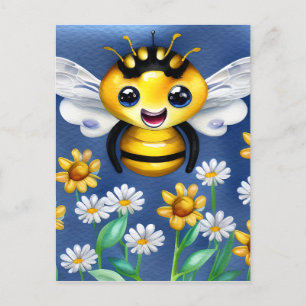 Carte Postale Abeille adorable dans une aquarelle de jardin fleu