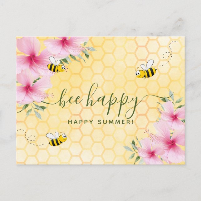 Carte Postale Abeille joyeuse bumble été abeilles rose fleurs sa (Devant)