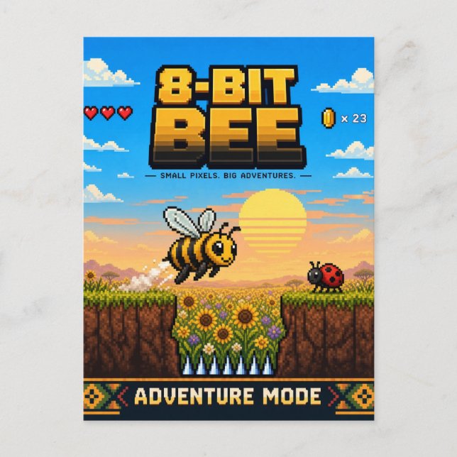 Carte Postale Abeille, Rétro Pixel Art 8-Bit (Devant)