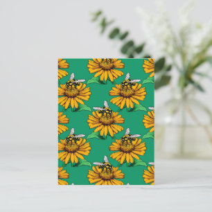 Carte Postale Abeille sur motif de fleur de tournesol vert 