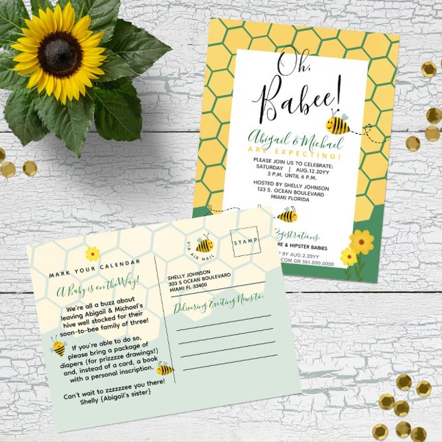 Carte Postale Abeille verte Bumble 🐝 Baby shower budgétaire (Budget-Friendly Green and Yellow Gender-Neutral Bee Baby Shower Postcards (save on postage too!) )