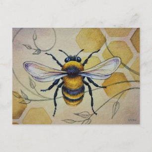 Carte Postale Abeille vintage no 1 et Aquarelle Honeycomb
