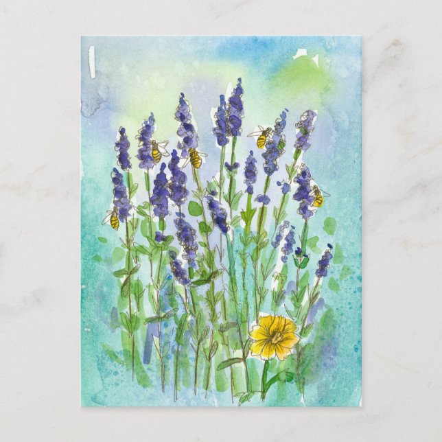 Carte Postale Abeilles à miel Fleurs de Lavande Aquarelle (Devant)