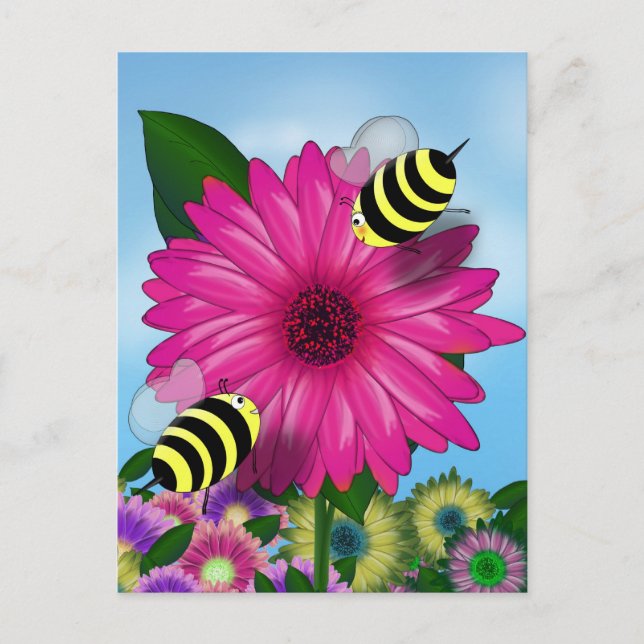 Carte Postale Abeilles à miel se rencontrant sur une fleur rose (Devant)