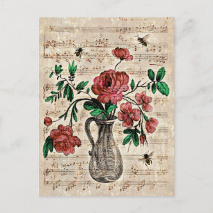 Carte Postale Abeilles vintage, roses et notes de musique