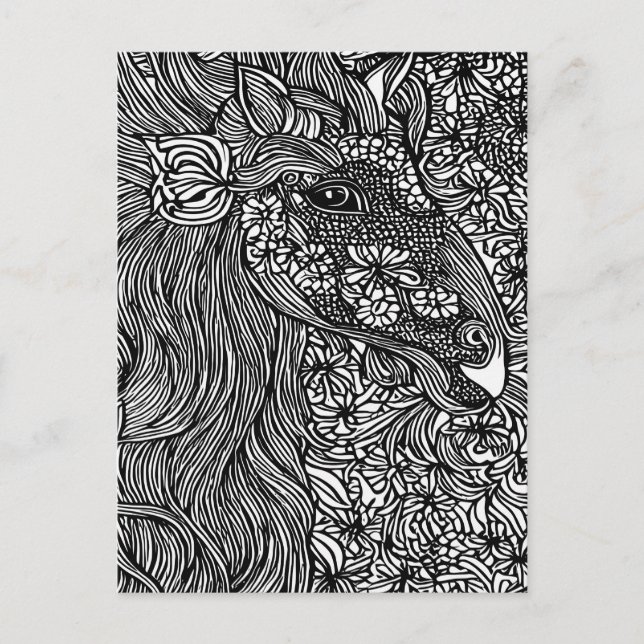 Carte Postale Abstract Horse face Flowers Original ink Art (Devant)
