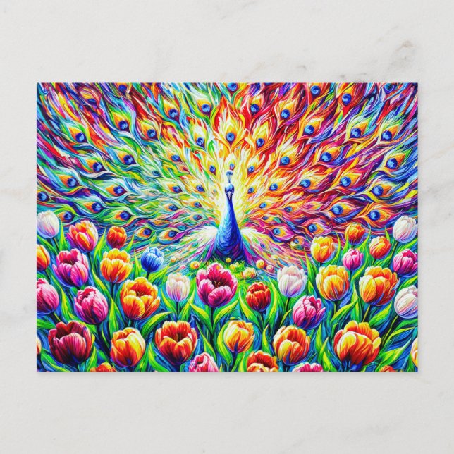 Carte Postale Abstract Peacock with Colorful Tulips in Paint (Devant)