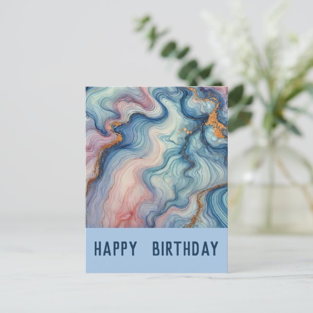 Carte Postale abstrait fluide en bleus pastel - Anniversaire (Debout devant)
