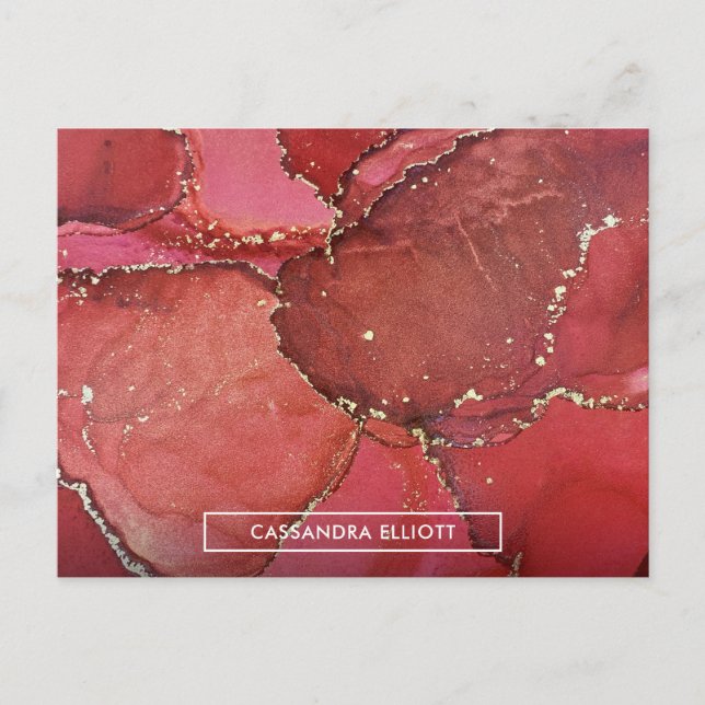 Carte Postale Abstrait Rouge & Or Marbré Encre d'alcool Liquide  (Devant)