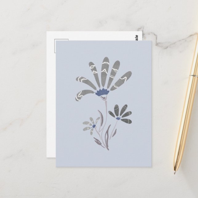 Carte Postale Abstraites Fleurs psychédéliques en niveaux de gri (Devant/Arrière en situation)