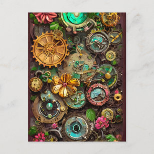 Carte Postale Abstraits engrenages surréalistes Fleurs Steampunk