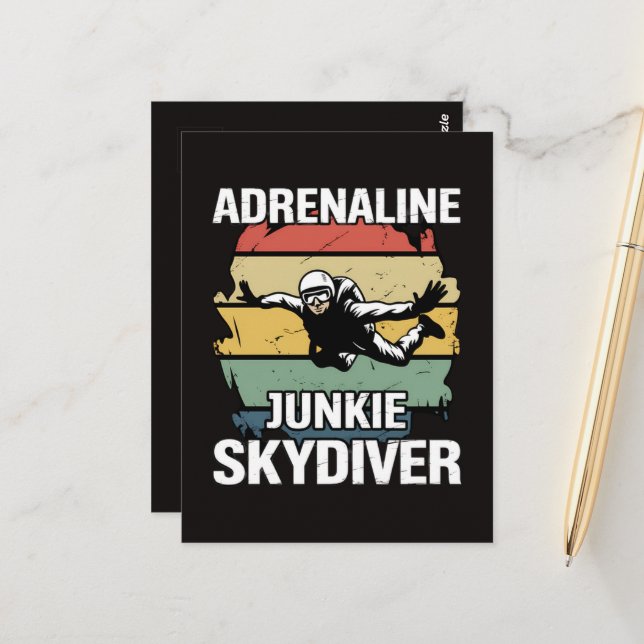 Carte Postale Accro à l'adrénaline parachutiste (Devant/Arrière en situation)