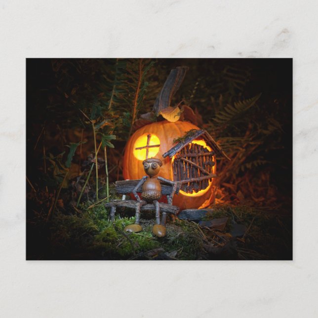 Carte Postale Acorn elf est assis devant la maison citrouille (Devant)