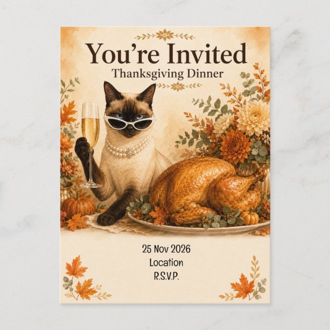 Carte Postale Action de grâce de chat avec dinde  (Devant)