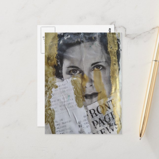 Carte Postale Actualités à la une dame noir blanc collage or (Devant/Arrière en situation)