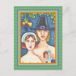 CARTE POSTALE ADAM & EVE PILGRIMS, BIBLICAL WHIMSY MERCI