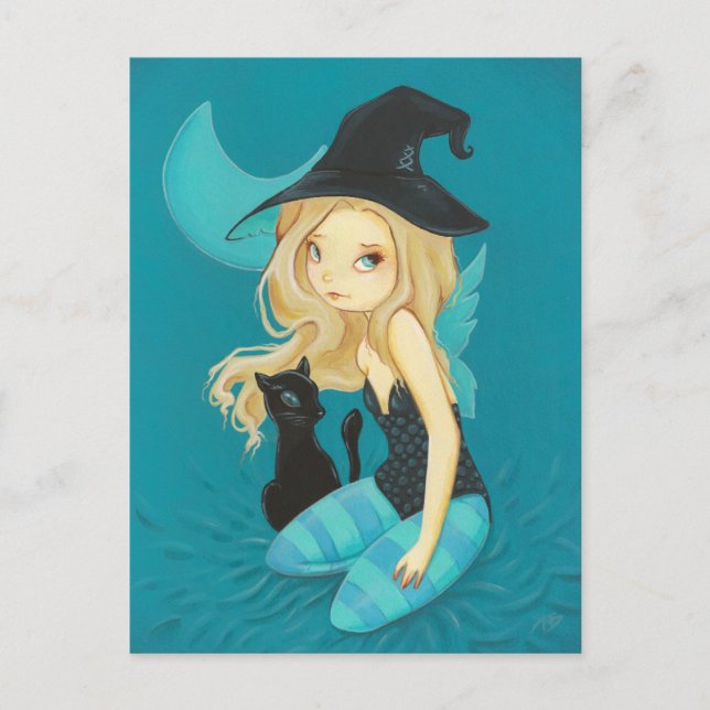 Carte Postale Adellia - Goth fairy witch black cat postcard (Devant)