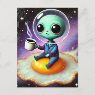 Carte Postale Adorable Alien Flottant Oeuf dans l'espace avec ca