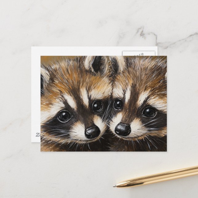 Carte Postale Adorable Baby Raccoons Painting (Devant/Arrière en situation)