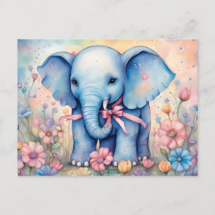 Carte Postale Adorable bébé éléphant dans un jardin pastel