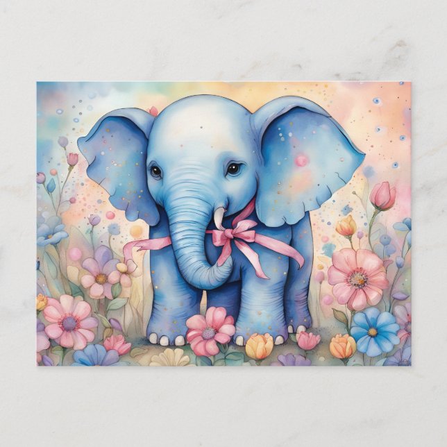 Carte Postale Adorable bébé éléphant dans un jardin pastel (Devant)