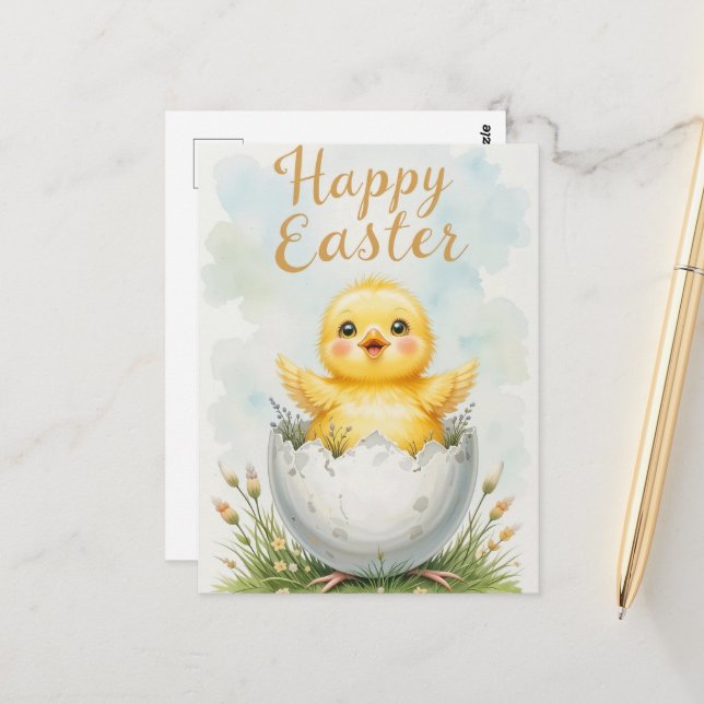 Carte Postale Adorable bébé poussin heureux Pâques (Devant/Arrière en situation)