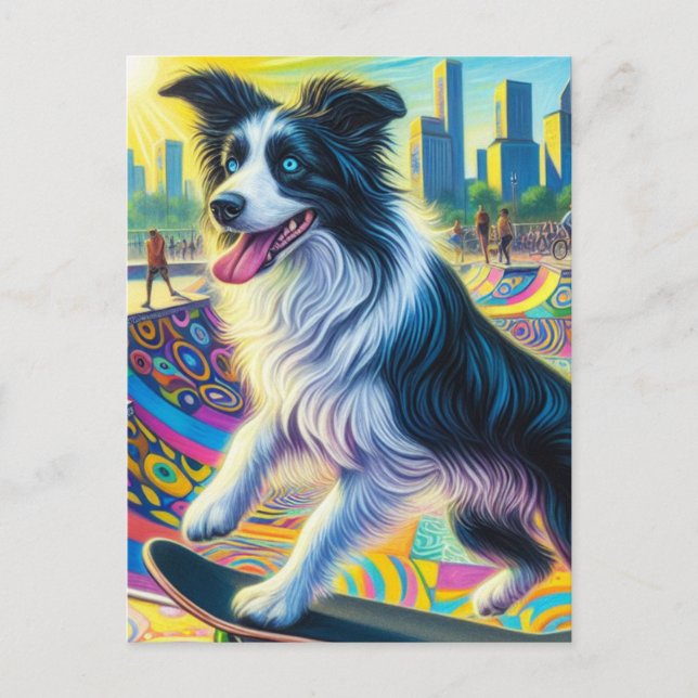 Carte Postale Adorable Bordure Collie Skateboard (Devant)