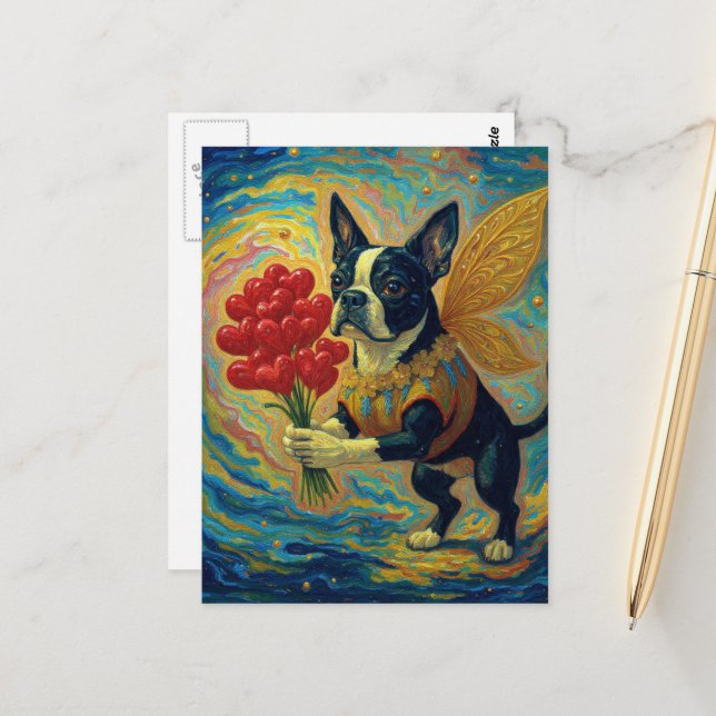 Carte Postale Adorable Boston Terrier avec des cœurs (Devant/Arrière en situation)