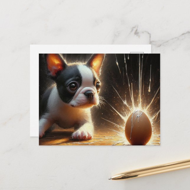 Carte Postale Adorable Boston Terrier Chiot Broken Egg (Devant/Arrière en situation)