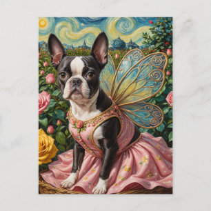 Carte Postale Adorable Boston Terrier Fairy dans un jardin Rose