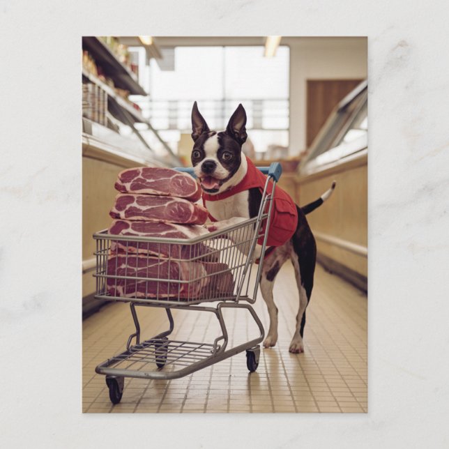 Carte Postale Adorable Boston Terrier Shopping Pour La Viande (Devant)