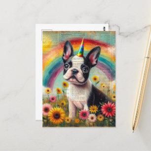 Carte Postale Adorable Boston Terrier Unicorn Puppy Collage